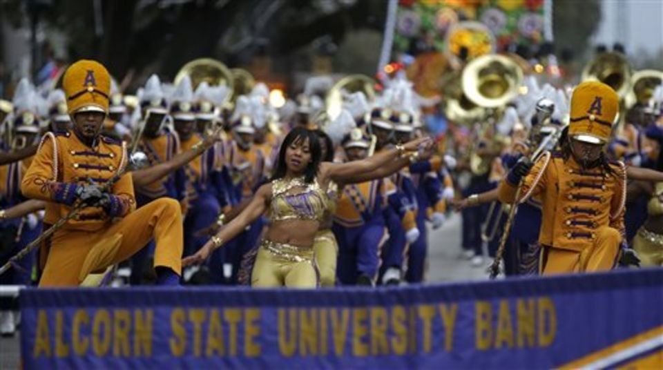 Members of the Alcorn State University Band march in the Krewe of Proteus Mardi Gras parade in New Orleans, Monday, Feb. 16, 2015. The day is known as Lundi Gras, the day before Mardi Gras. (AP Photo/Gerald Herbert)