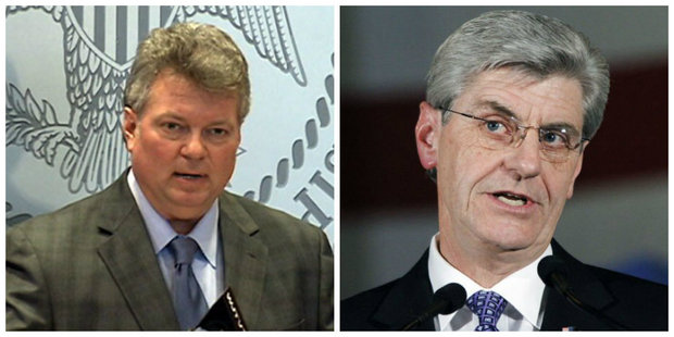 Mississippi Attorney General Jim Hood (left) will not appeal a federal court injunction blocking HB 1523 -- the state's "religious accommodations" bill, but Gov. Phil Bryant intends to go forward with his appeal. (AP file photos)