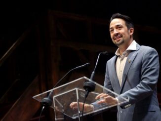 strongLin-Manuel Miranda addresses the audience after a performance of “Hamilton” at the Richard Rodgers Theater on July 12, 2016. The Disney+ version of the play won the Outstanding Pre-Recorded Variety Show Emmy. (Yana Paskova/Getty Images)/strong