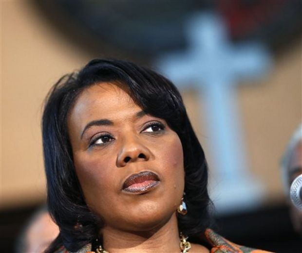 Bernice King speaks during a news conference at historic Ebenezer Baptist Church where her father Martin Luther King Jr. preached, Thursday, Feb. 6, 2014, in Atlanta. King is in a legal battle with her brothers over her father's Bible and Nobel Peace Prize medal. (AP Photo/John Bazemore)
