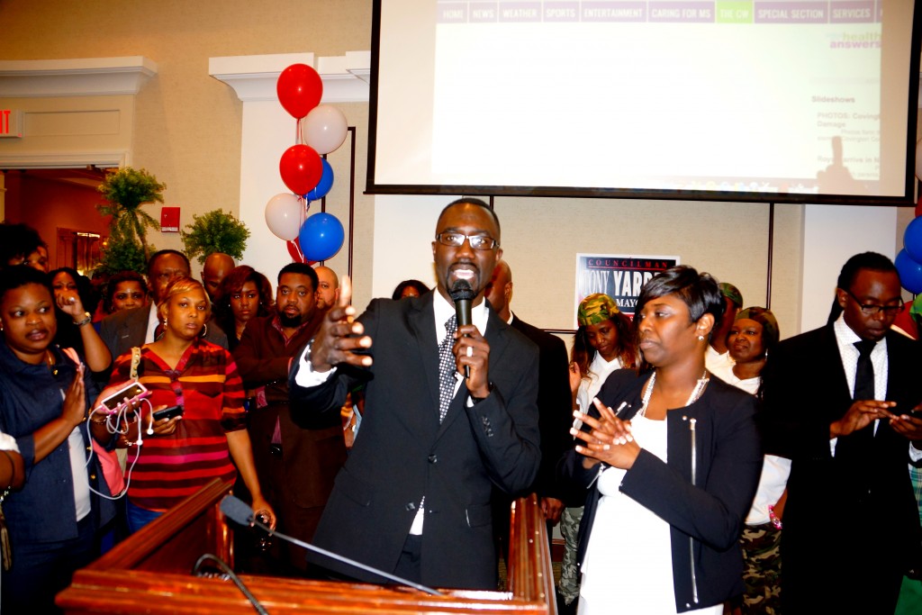 Yarber, with wife Rosalind, addressing supporters after being declared mayor-elect of the city of Jackson. PHOTO BY JAY JOHNSON