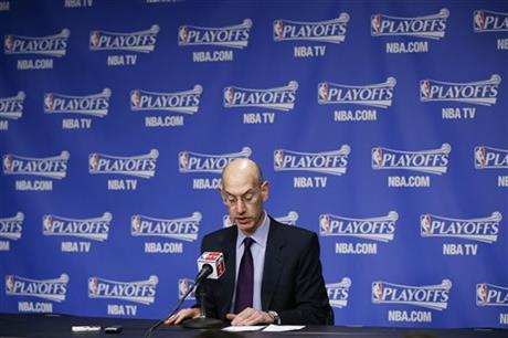 NBA Commissioner Adam Silver makes an opening statement during a news conference before Game 4 of an opening-round NBA basketball playoff series between the Memphis Grizzlies and the Oklahoma City Thunder on Saturday, April 26, 2014, in Memphis, Tenn. (AP Photo/Mark Humphrey