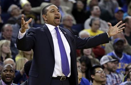  In this Friday, March 7, 2014, file photo, Golden State Warriors coach Mark Jackson gestures from the sideline during the second half of an NBA basketball game against the Atlanta Hawks in Oakland, Calif. The Warriors fired Jackson on Tuesday, May 6, 2014. His three seasons with the Warriors will be remembered for the way he helped turn a perennially losing franchise into a consistent winner and the bold and bombastic way in which he did it. (AP Photo/Ben Margot, File)