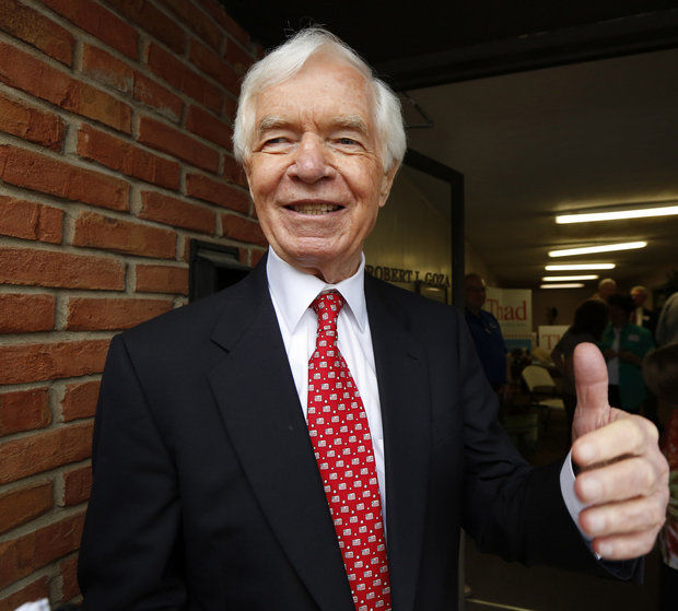 U.S. Sen. Thad Cochran, R-Miss., greets supporters and volunteers at his Canton, Miss., headquarters, Tuesday, June 24, 2014. Cochran is in the Republican primary runoff election against state Sen. Chris McDaniel on Tuesday. (AP Photo/Rogelio V. Solis)