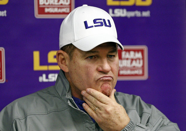 LSU head coach Les Miles ponders a reporter's question's following the Tigers' loss to Ole Miss in Oxford, Miss., Saturday, Nov. 21, 2015. The Rebels won 38-17. (Rogelio V. Solis/AP Photo)