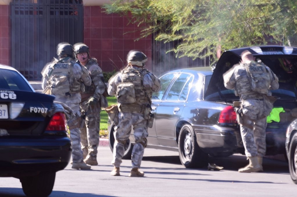 A SWAT team arrives at the scene of a shooting in San Bernardino, Calif. on Wednesday, Dec. 2, 2015. Police responded to reports of an active shooter at a social services facility. Doug Saunders/Los Angeles News Group via AP