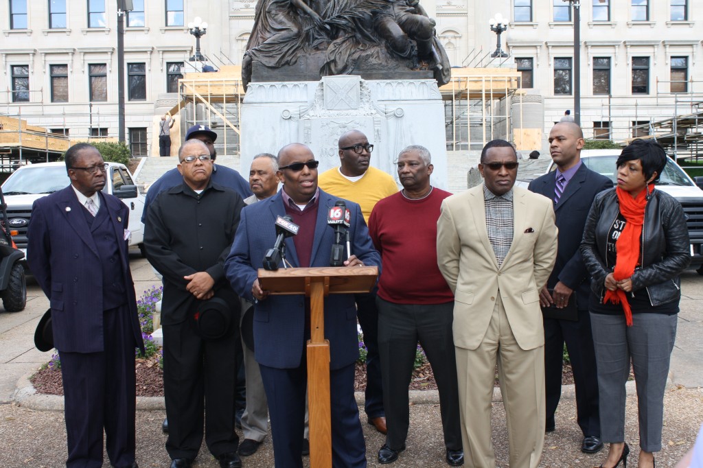 The Rev. Dwayne Picket and members of the Business Ministerial Alliance of Mississippi held a press conference last week in opposition to the state taking control of the Jackson-Medgar Wiley Evers International Airport. Photo by Shanderia K. Posey
