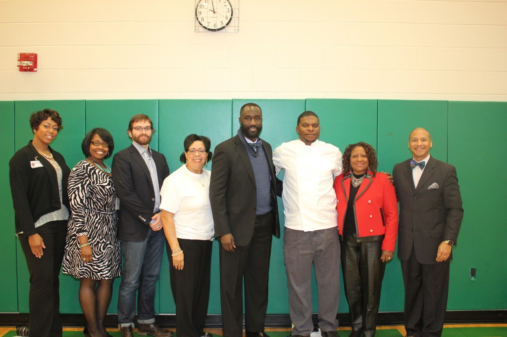 Attending the launch of Creativity Kitchen were Chinelo Evans, (from left) chief academic officer for middle schools; April Catchings with the Office of Child Nutrition within the Mississippi Department of Education; Julian Rankin, Mississippi Museum of Art marketing director; Mary Hill, executive director of Food Services at JPS; Jackson Mayor Tony Yarber, Chef Nick Wallace, Beneta Burt, school board president; and JPS Superintendent Dr. Cedrick Gray.