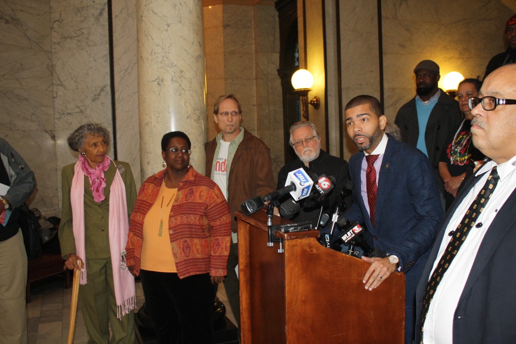 Attorney Chokwe Lumumba Jr. speaks to the media against legislation allowing the state to take control of the Jackson-Medger Wiley Evers International Airport. PHOTO BY SHANDERIA K. POSEY
