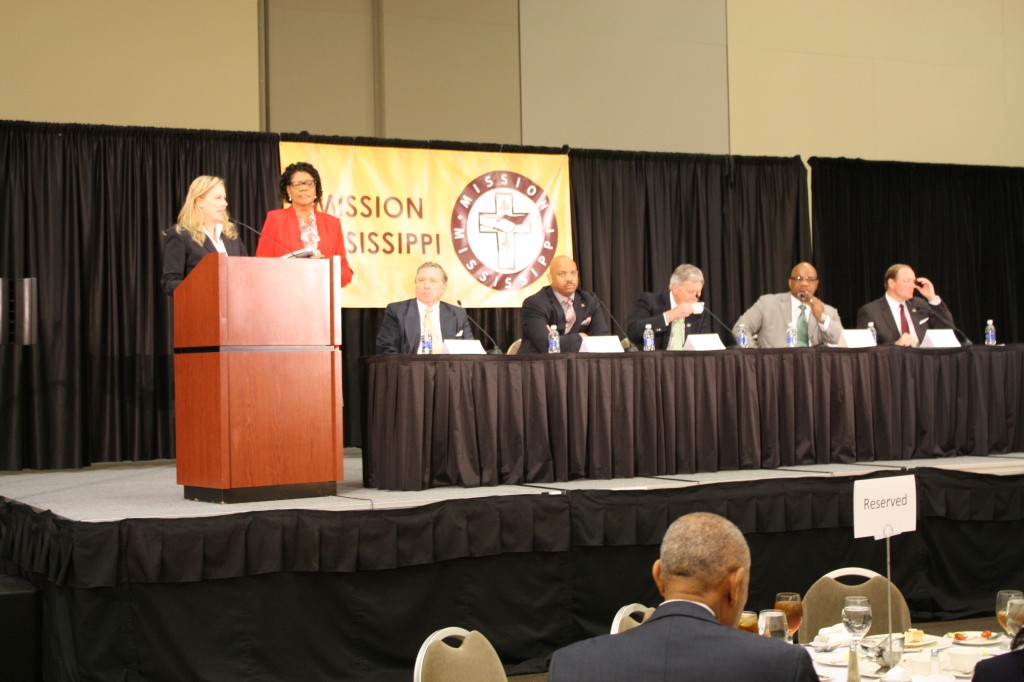 Cynthia Cooper (from left) and Elayne Hayes Anthony served as moderators for the Governors Leadership Prayer Luncheon and Summit. University presidents were panelists for the luncheon. They are Roger Parrott, Belhaven University; (from left), Alfred Rankins Jr., Alcorn State; William LaForge, Delta State; William Bynum, Mississippi Valley and Mark Keenum, Mississippi State University. PHOTO BY SHANDERIA K. POSEY