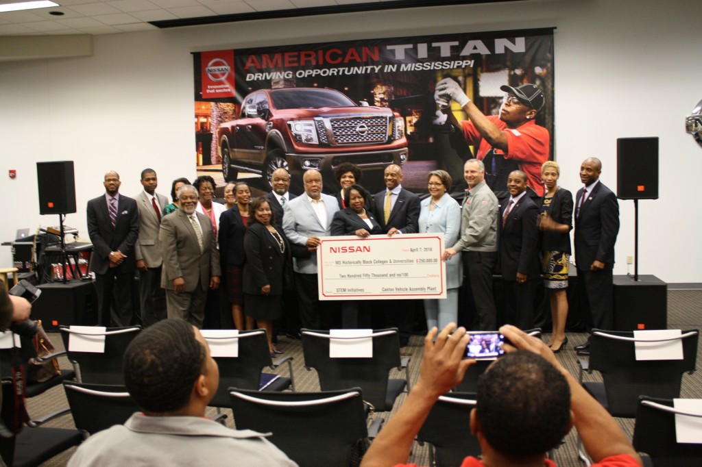 Nissan presented $250,000 to representatives and presidents from Mississippi's six Historically Black Colleges and Universities Thursday morning at the Nissan facility in Canton. Congressman Bennie Thompson stands along with university leaders and Nissan employees for the check presentation. PHOTO BY SHANDERIA K. POSEY