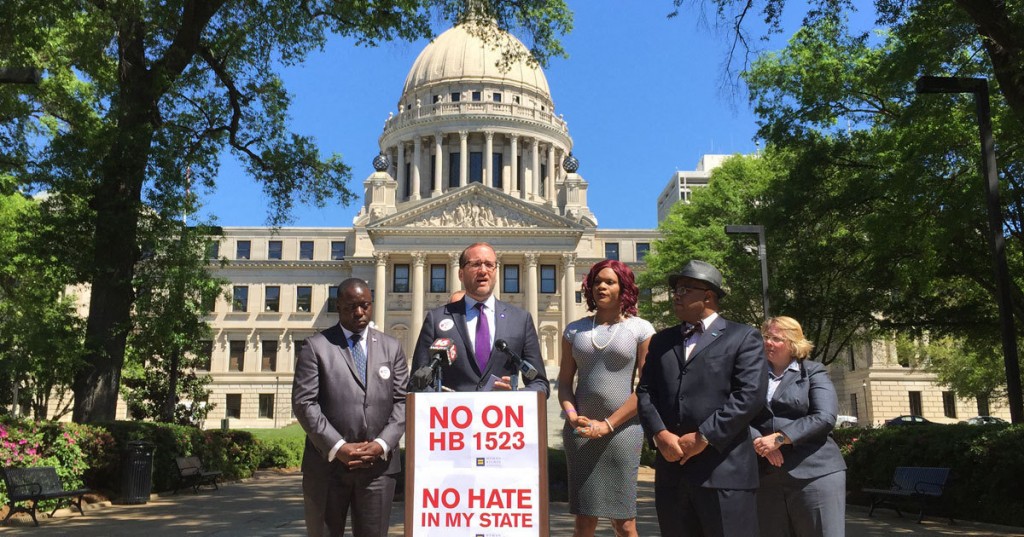 Opponents of House Bill 1523 hold a press conference outside the state capitol in Jackson on April 4 during which they urged Gov. Phil Bryant to not sign the controversial bill. Bryant ultimately signed HB1523 into law.