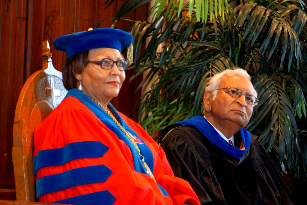 Tougaloo College President Beverly Hogan and Asoka Srinivasan, interim provost and vice president for Academic Affairs, listen during services. PHOTOS BY JAY JOHNSON
