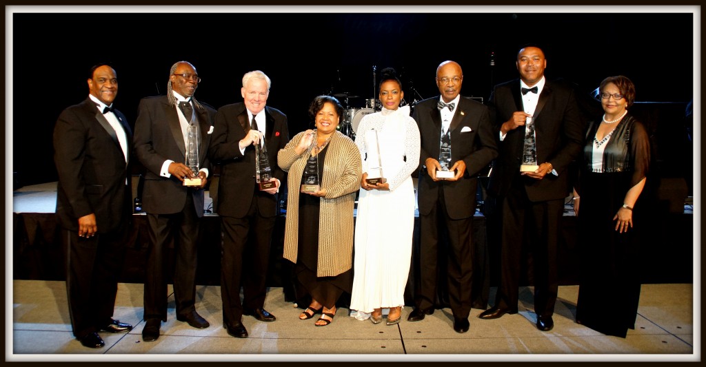 Tougaloo Two Rivers Gala 2016 honorees and presenters were (from left) Leroy Walker, Tougaloo trustee; Benjamin E. Wright, James Barksdale, Reena Evers-Everette, who accepted the award on behalf of her mother Myrlie Evers Williams; Aunjanue Ellis, Roderick “Rod” Paige, Clarence Weatherspoon and Tougaloo President Beverly W. Hogan. PHOTOS BY JAY JOHNSON