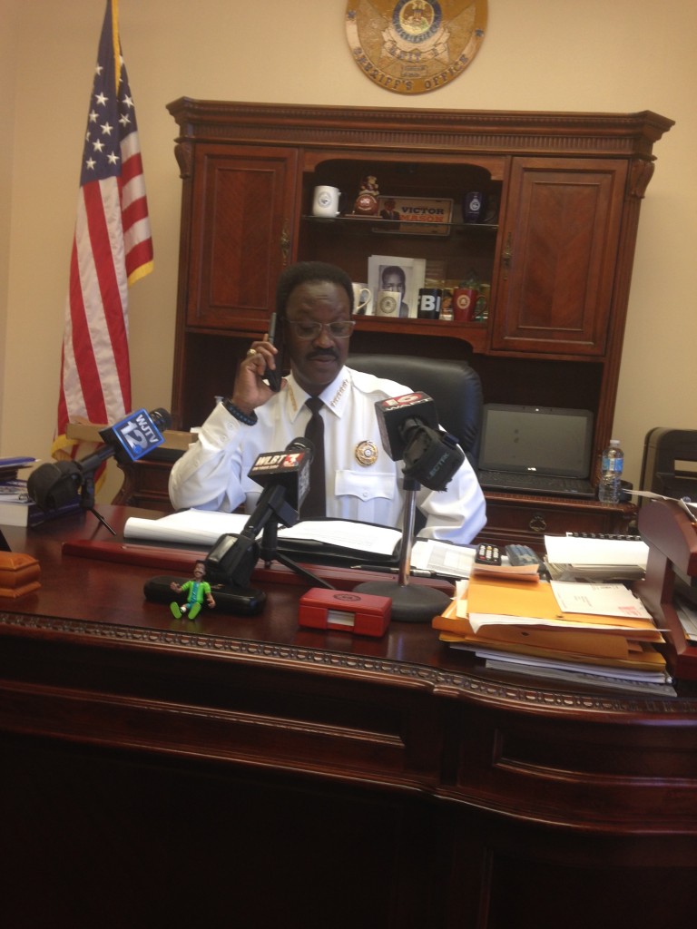 Hinds County Sheriff Victor Mason held a press conference today to alert the public about a phone scam mainly targeting elderly residents. He also announced a drug bust that took place in south Jackson today. PHOTO BY SHANDERIA K. POSEY