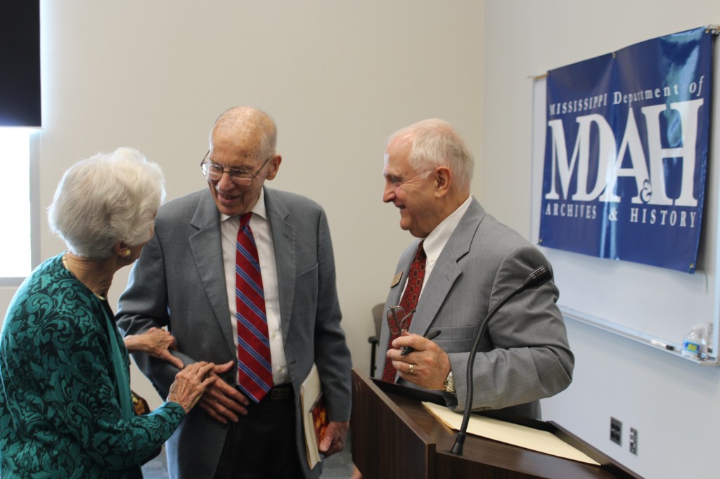 Former Mississippi First Lady Elise Winter joins her husband, former Gov. William Winter (center), as they visit with author Oren Renick, following a June 16, talk on his book about Rev. William Penn Davis. PHOTO COURTESY OF MISSISSIPPI COLLEGE
