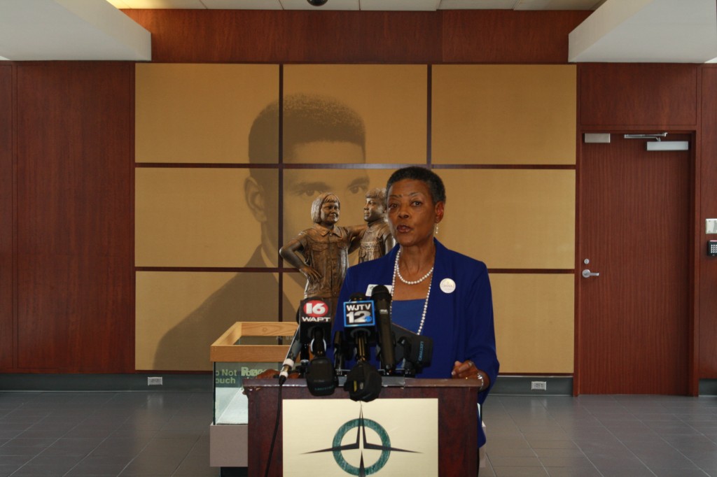 Rosie Pridgen, chair of the Jackson Municipal Airport Authority, addresses the media during a press conference Tuesday. PHOTO BY SHANDERIA K. POSEY