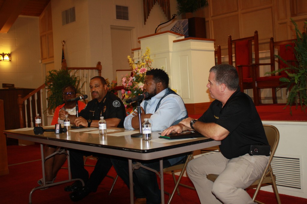 Panelists were Safiya Omari (from left), Jackson Police Chief Lee Vance, Attorney C.J. Lawrence and Rankin County Sheriff Bryan Bailey. PHOTO BY SHANDERIA K. POSEY