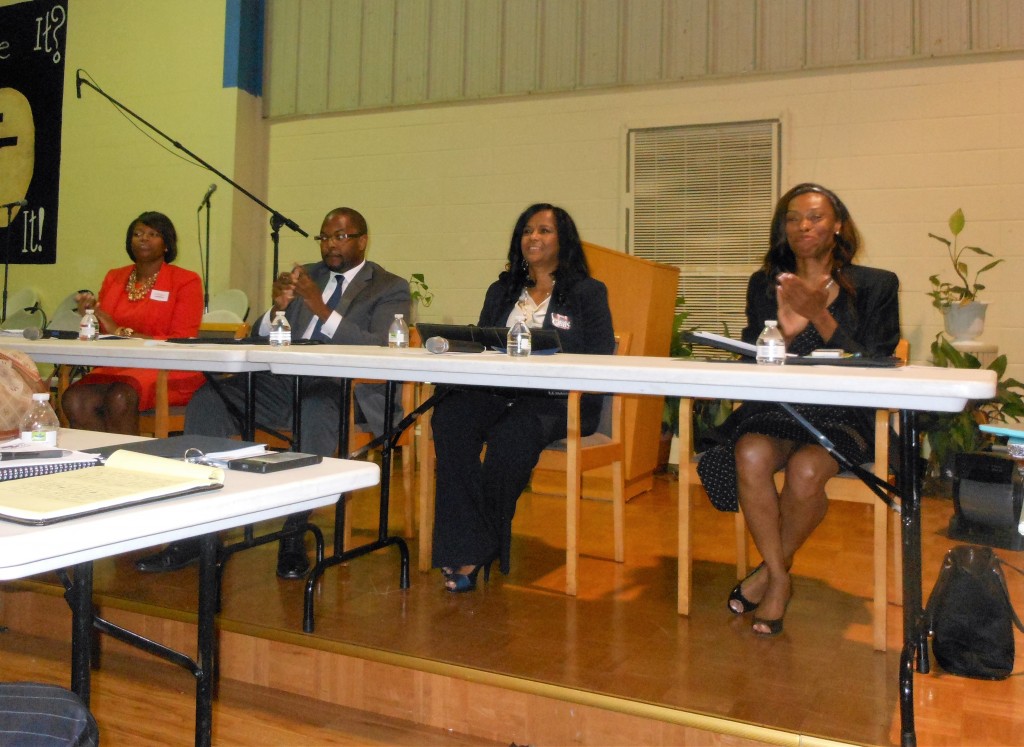 Candidates for House District 72 participated in a public forum Tuesday at Fresh Start Christian Church. Pictured are Theresa G. Kennedy (from left), Synarus Green, Debra Gibbs and A. Shae Buchanon-Williams. The election is Aug. 23. PHOTO BY STEPHANIE R. JONES