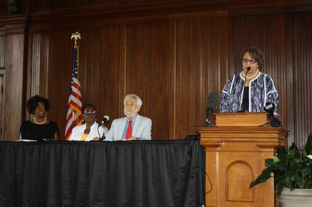 Tougaloo College President Beverly Hogan shares details about the new Institute for the Study of Modern Day Slavery at the college. Other panelists were Tougaloo faculty Daphne Chamberlain (from left), Johnnie M. Maberry and Stephen Rozman. PHOTO BY SHANDERIA K. POSEY