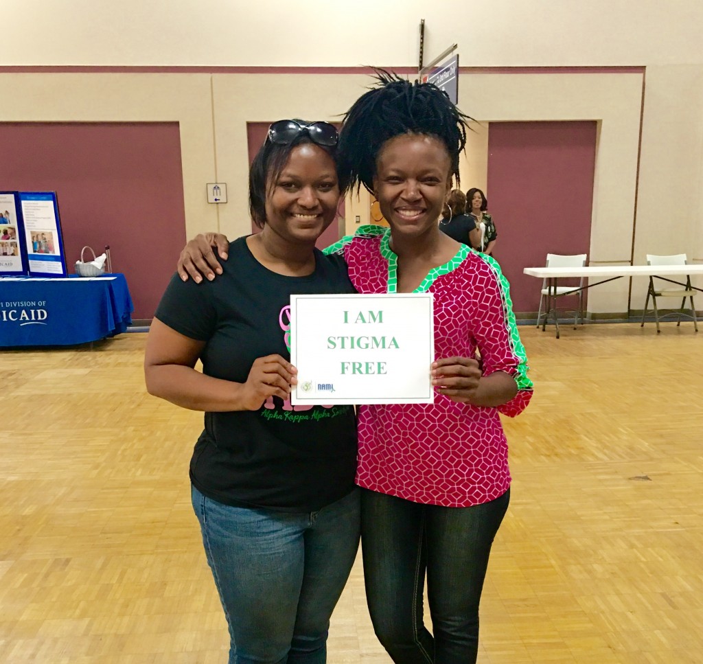 Sorority members Marilyn Reed and Monica Kent support the minority mental health awareness anti-stigma campaign. Reed is co-chairman of the Rho Lambda Omega chapter Health Promotions Committee.