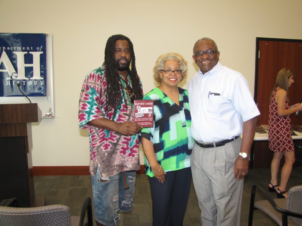 Jimmie Lewis Jr. (cousin), Gwendolyn Chess (Elport Chess’ daughter-in-law) and Alexander Chess (Elport Chess’ son) attend Wilma Clopton’s documentary screening of the Lanier Bus Boycott of 1947.