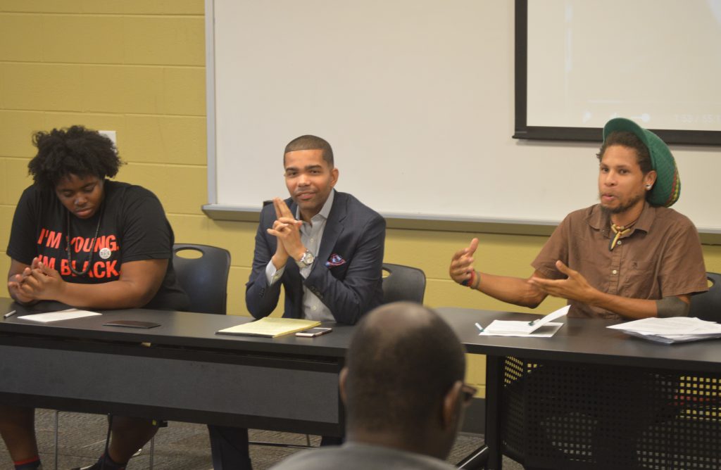 Natalie Offiah, Chokwe Antar Lumumba and Brandon King speak at the first event in a six-part series on voting importance at Tougaloo College Sept. 15. PHOTO BY D’MARKUS BURRELL, TOUGALOO COLLEGE