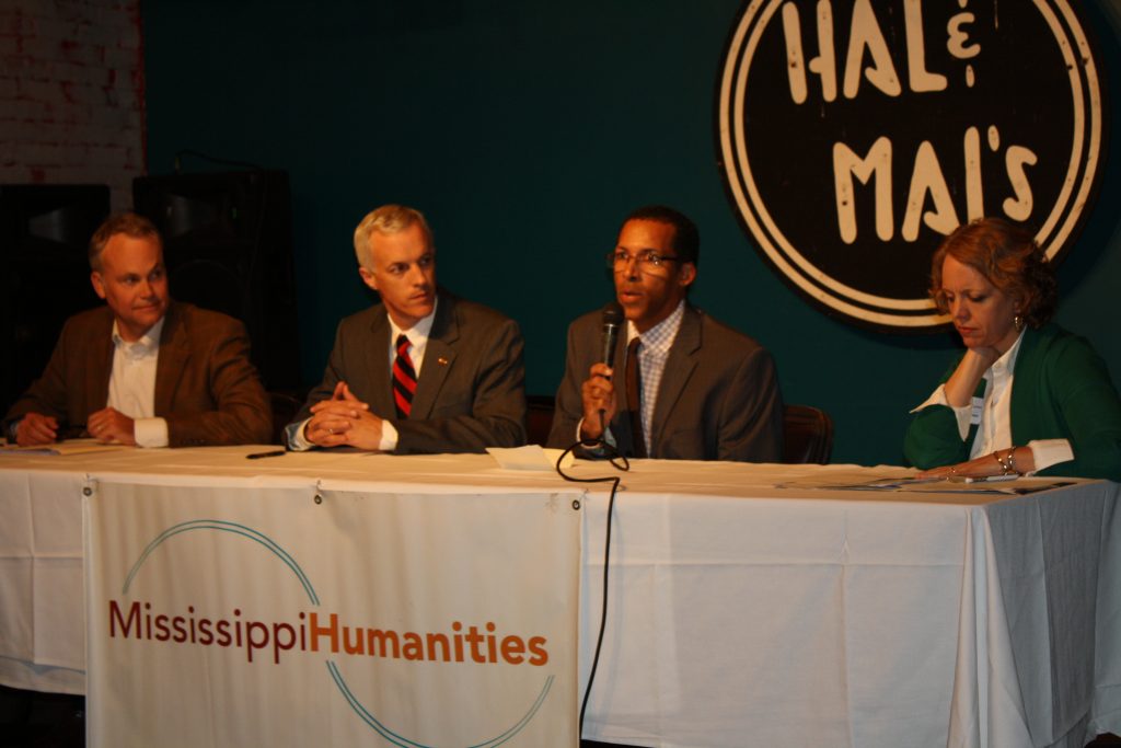 Spence Flatgard (from left), Sen. David Blount and Ole Miss Assistant Professor Marvin King, Ph.D. discussed “Beyond the Voting Rights Act” during the Mississippi Humanities Council’s monthly Ideas on Tap meeting Oct. 25, at Hal and Mal’s in Jackson. Also shown is Moderator Carol Andersen. PHOTO BY SHANDERIA K. POSEY