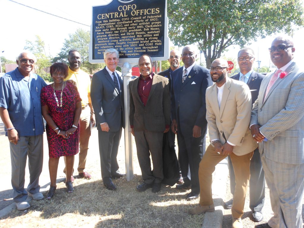 Pictured are Leslie Burl-McLemore (from left) of Mississippi Freedom Trail Task Force,  Evelyn J. Leggette, provost and senior vice president for Academic and Student Affairs at Jackson State University;  Jackson Mayor Tony Yarber, Mississippi Gov. Phil Bryant, Robert (Bob) Moses, founding director of Mississippi Council of Federated Organizations; Thomas Calhoun, assistant provost at JSU; City Councilman Charles Tillman, Rico E. Chatman, JSU assistant professor and director of the Fannie Lou Hamer Institute at COFO; Sen. Sollie B. Norwood and Rickey Thigpen, executive vice president of Visit Jackson. PHOTO BY STEPHANIE R. JONES