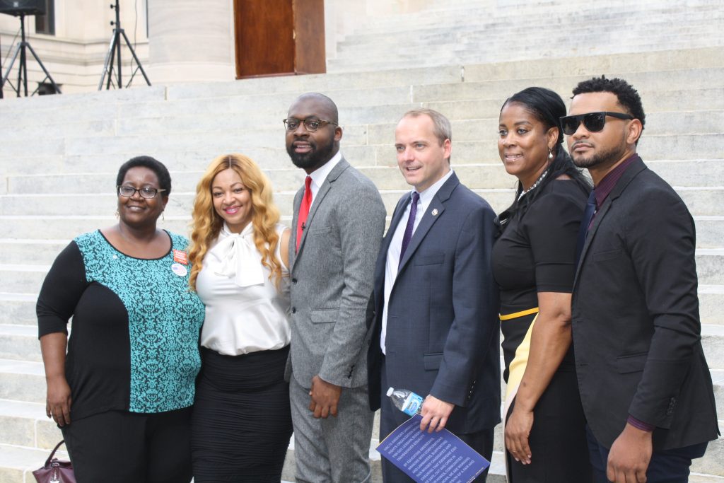 Speakers for the press conference included Rep. Kathy Sykes (from left), Edelia “Jay” Carthan, Duvalier Malone, Rob Hill, Valeria Sims-Griffin and Ignacio Zambrano.