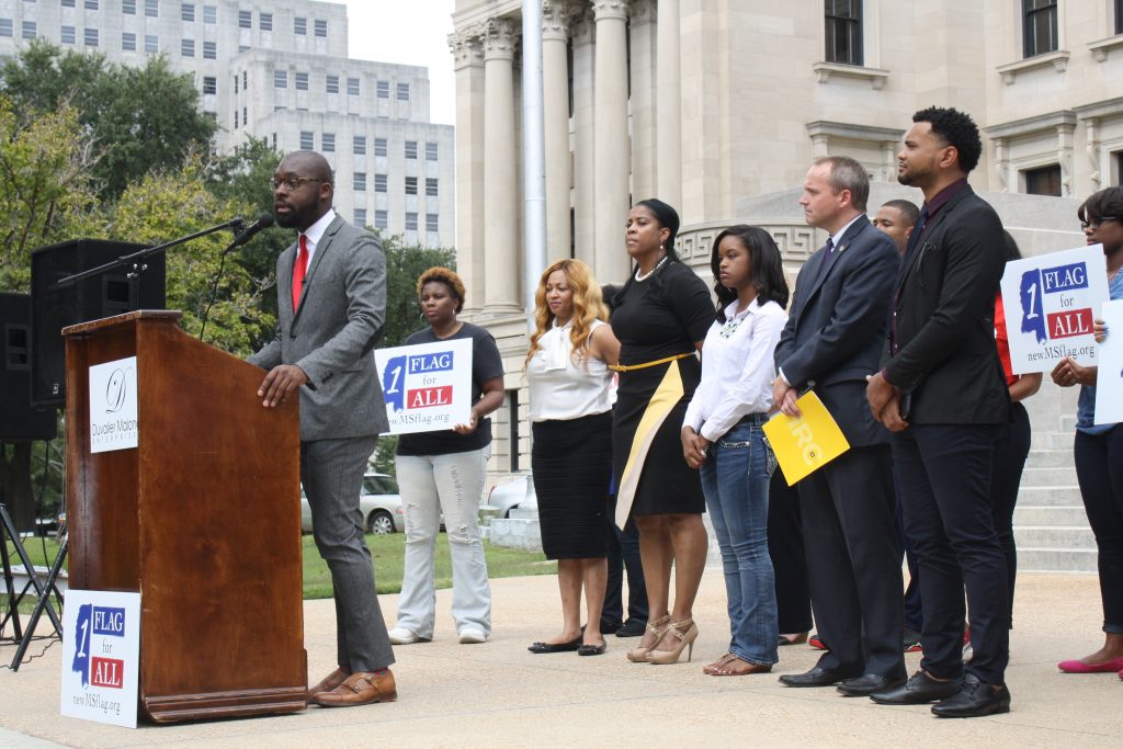 Duvalier Malone begins a press conference asking for Gov. Phil Bryant to apologize for not removing the Confederate emblem from the state flag. PHOTO BY SHANDERIA K. POSEY