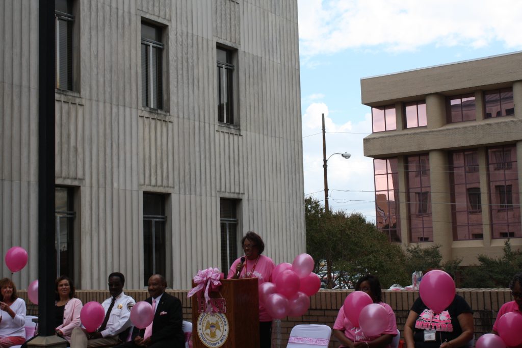 Chancery Clerk Eddie Jean Carr (speaking) appeals to supporters to get yearly mammograms. Seated are Judge Denise Owens, Hinds County Sheriff Victor Mason, District 1 Supervisor Robert Graham and breast cancer survivors Pamela Young, Brenda Butler and Daisy Taylor. PHOTOS BY JANICE K. NEAL-VINCENT
