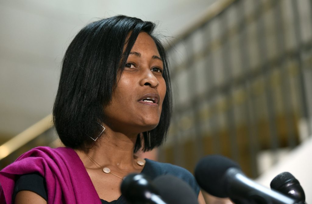 In this Sept. 3, 2015 file photo, Cheryl Mills speaks to reporters on Capitol Hill in Washington. (AP Photo/Susan Walsh, File)