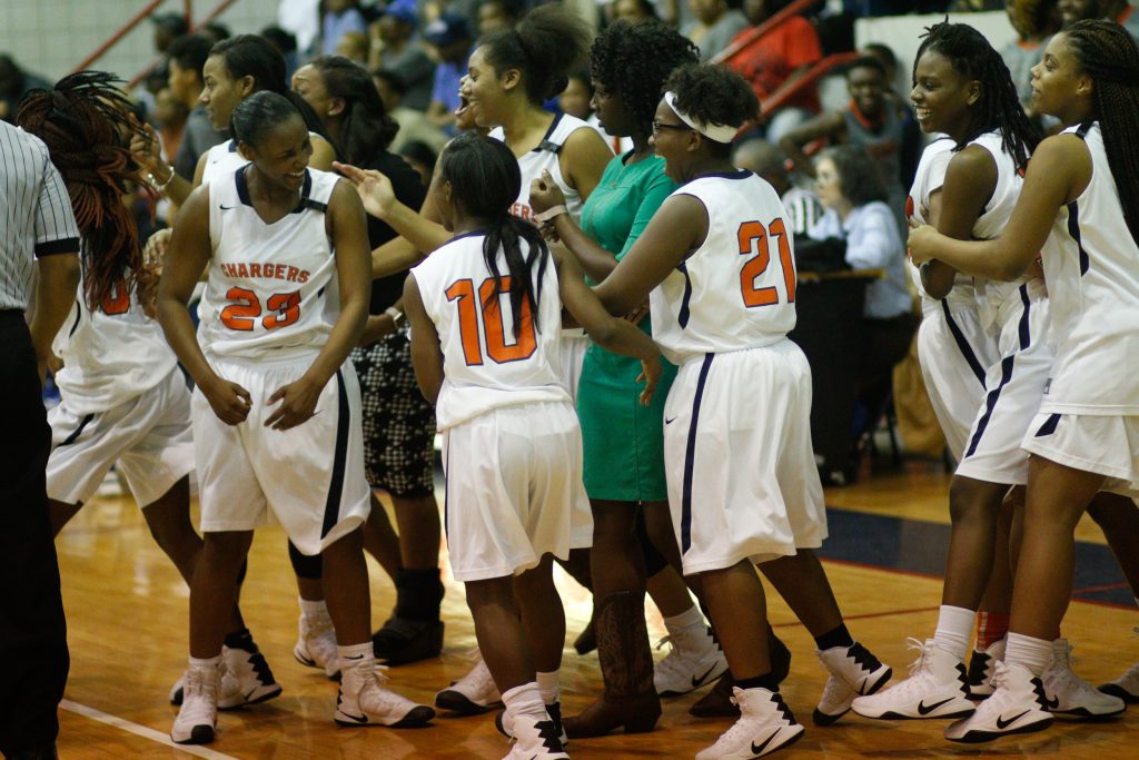 Callaway Lady Chargers cheer after the big win.