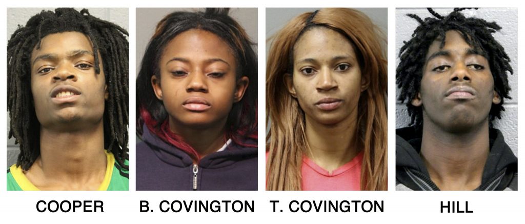 These booking photos provided by the Chicago Police Department show, from left, Tesfaye Cooper, Brittany Covington, Tanishia Covington and Jordan Hill, four people charged, Thursday, Jan. 5, 2017, with aggravated kidnapping and taking part in a hate crime after allegedly beating and taunting a man in a video broadcast live on Facebook. (Chicago Police Department via AP)