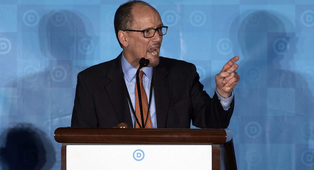 Newly elected Democratic National Committee Chairman Tom Perez gives a victory speech during the general session of the DNC winter meeting in Atlanta, Saturday, Feb. 25, 2017. Perez picked runner-up Ellison to be deputy chairman. (AP Photo/Branden Camp)