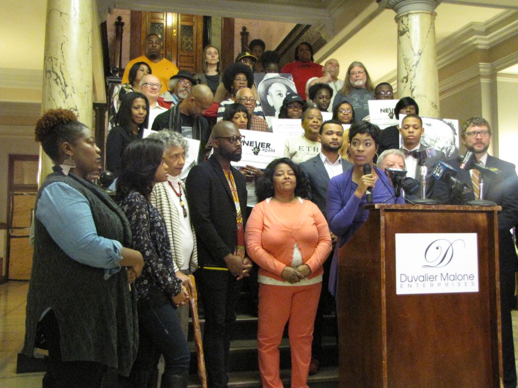 Kimberly Morgan-Myles at podium and supporters of the Till Rally for Justice at State Capitol Feb. 27. PHOTOS BY JANICE K. NEAL-VINCENT
