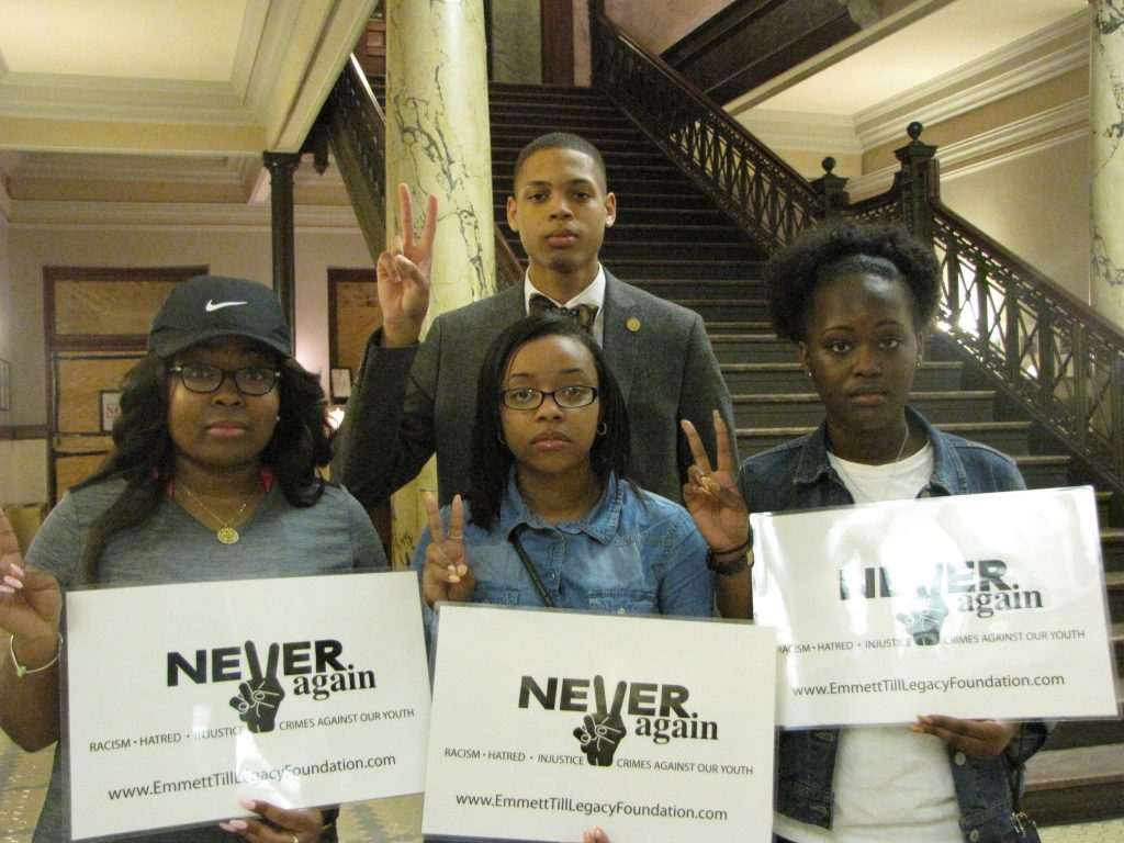 Tougaloo College students at Till Rally (back row) Marquise Hunt, president, Tougaloo College NAACP, (front row) Keyonte Jackson, Javette Quinn, TaLoria Webster
