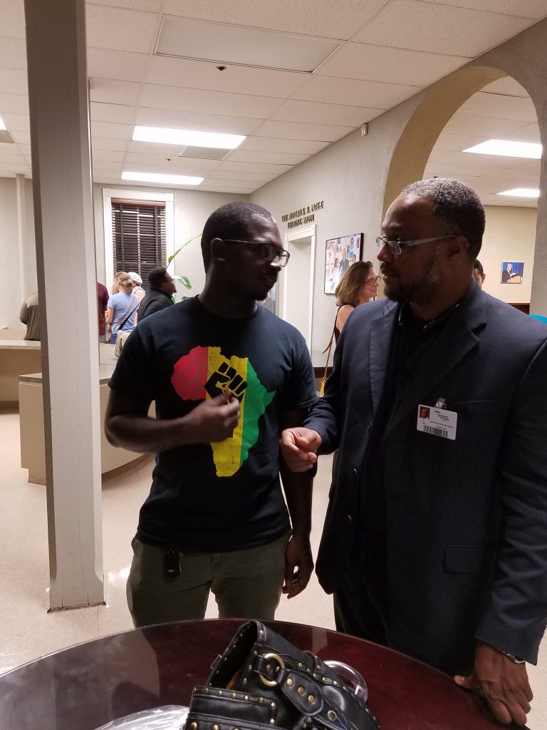 LR JSU alum Victor Nasir Terry expresses to panelist Dr. Berthrone Mock-Muhammad his disappointment of black Muslims being silenced from the conversation.