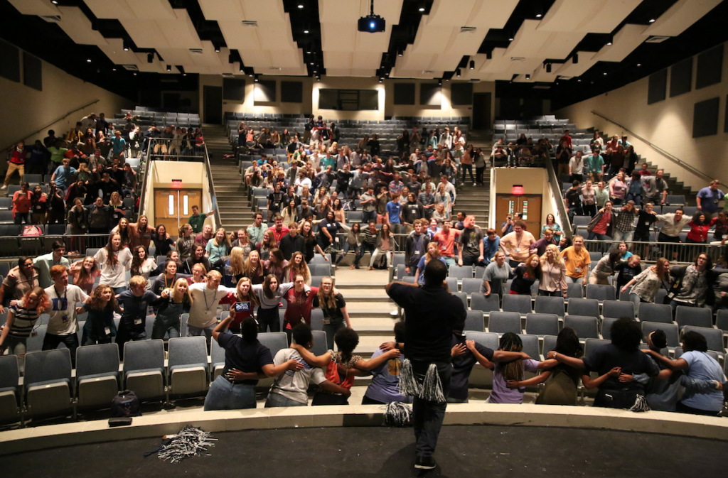 Jackson State University rallies a crowd of seniors, faculty and staff at Ocean Springs High School (OSHS) during a Presidential Tour organized by Enrollment Management and Undergraduate Recruitment. (Photo by Spencer L. McClenty/JSU)