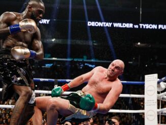 Deontay Wilder (left) twice floored lineal champion Tyson Fury in their first bout in December 2018, retaining his WBC heavyweight title via a split-decision draw. Fury twice floored and eventually dethroned Wilder in their February 2020 rematch. They clash a third time on Oct. 9. (Ester Lin/Showtime)  
